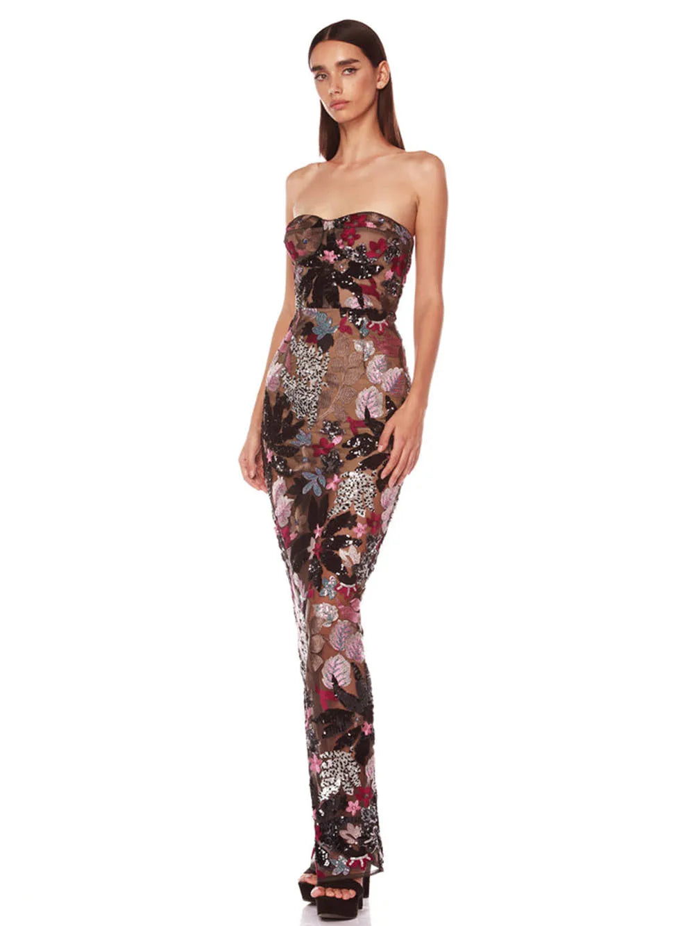 Sequin Floral Strapless Sweetheart Bodycon Maxi Dress
