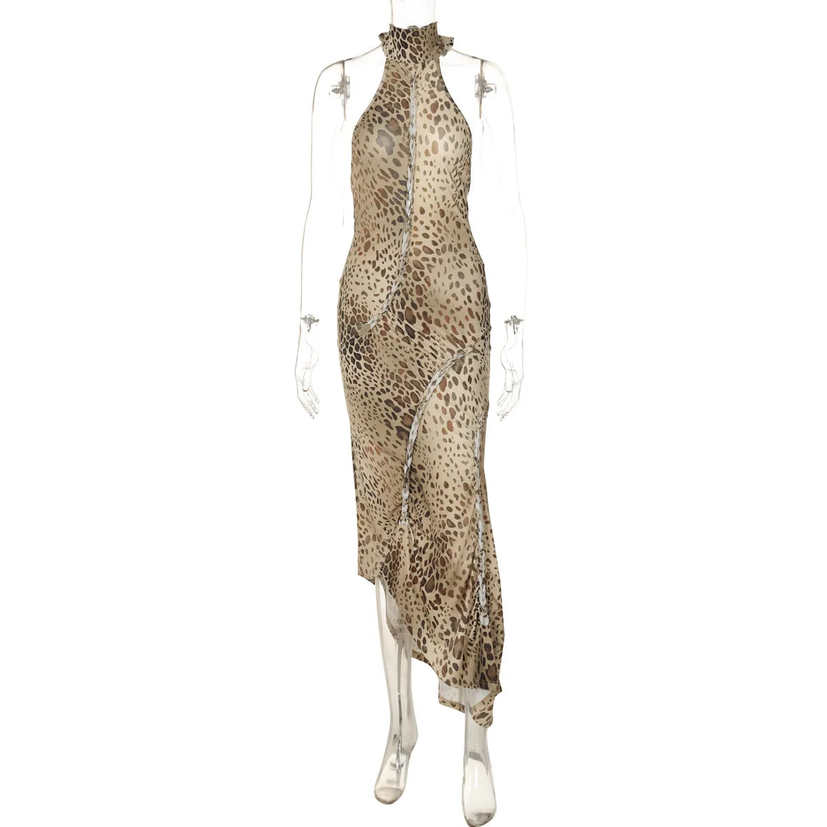 Leopard Print Halter Neck Lace Up Cut Out Ruched Bodycon Midi Dress