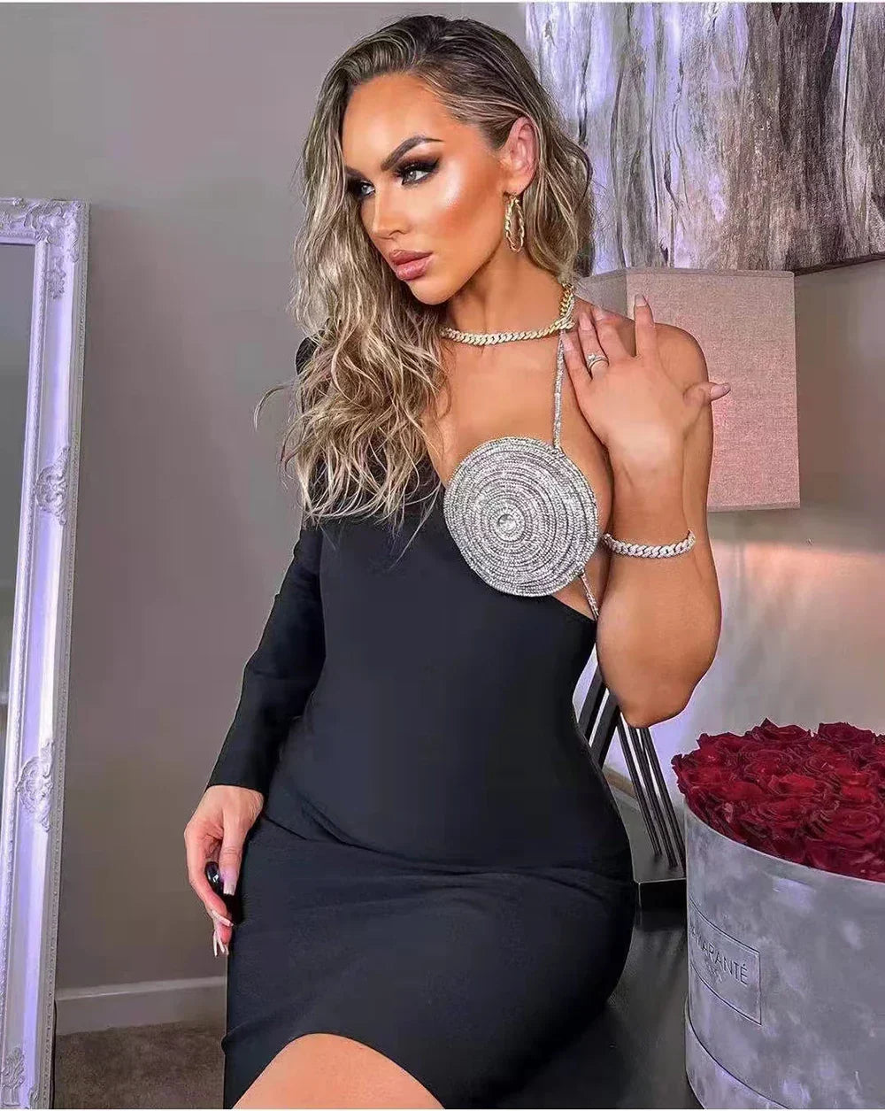 Rhinestone Bra Cup One Shoulder Cut Out Mini Dress 13