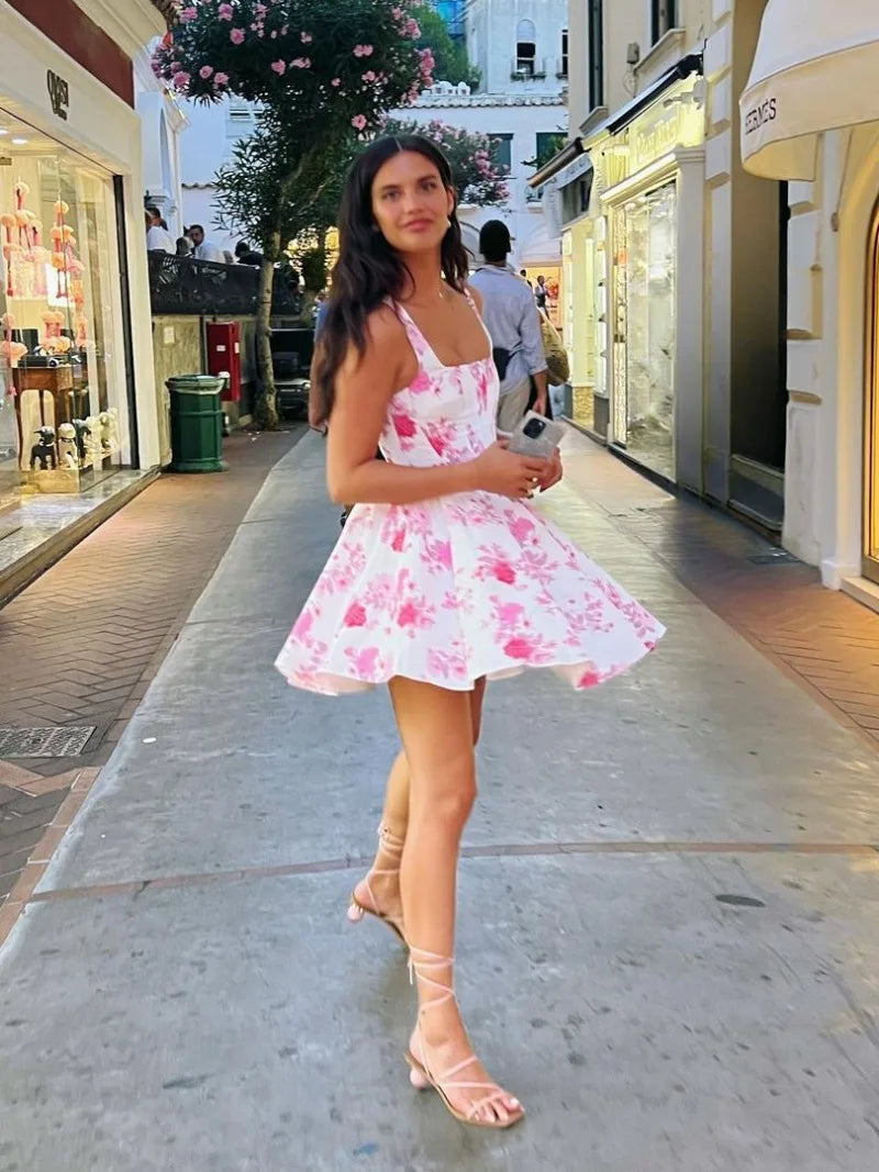 Floral Print Square Neck Corset Fit and Flare Skater Mini Dress