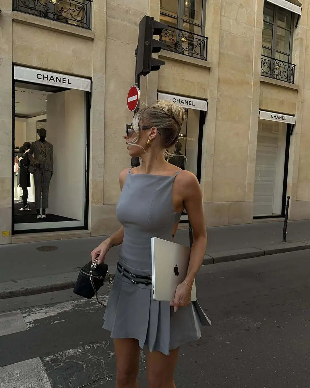 Square Neck Backless Pleated Mini Two Piece Set