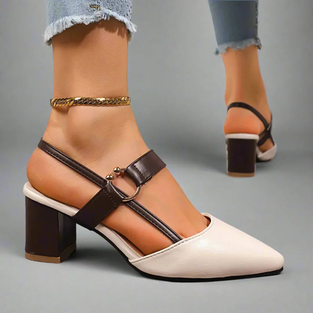 Pointed Toe Buckle Slingback Block Heel Pumps