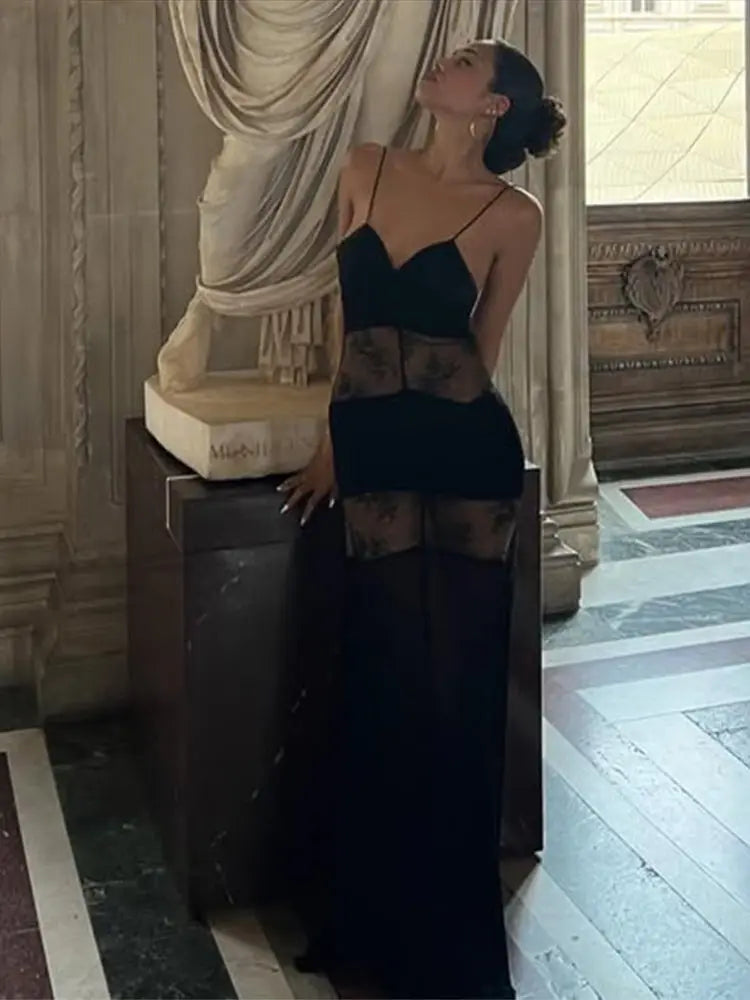Halter Deep V-Neck Lace Panel Sheer Insert Sleeveless Maxi Gown - View 10