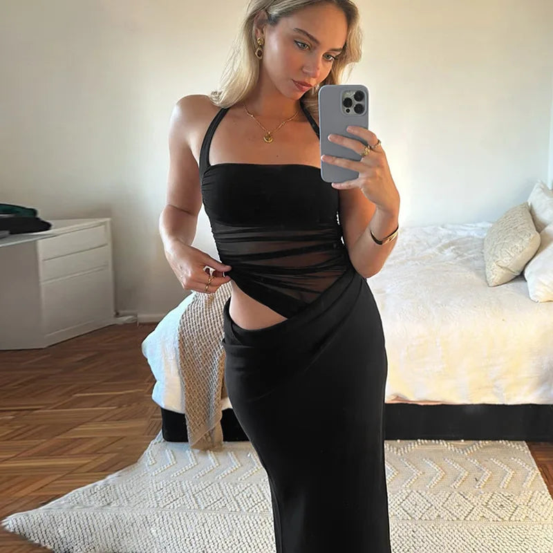 Mesh Halter Neck Backless Ruched Bodycon Maxi Dress