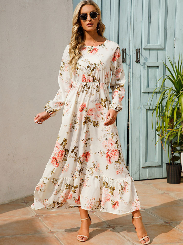 Floral Print Round Neck Long Sleeve Elastic Waist Ruffle Hem Maxi Dress