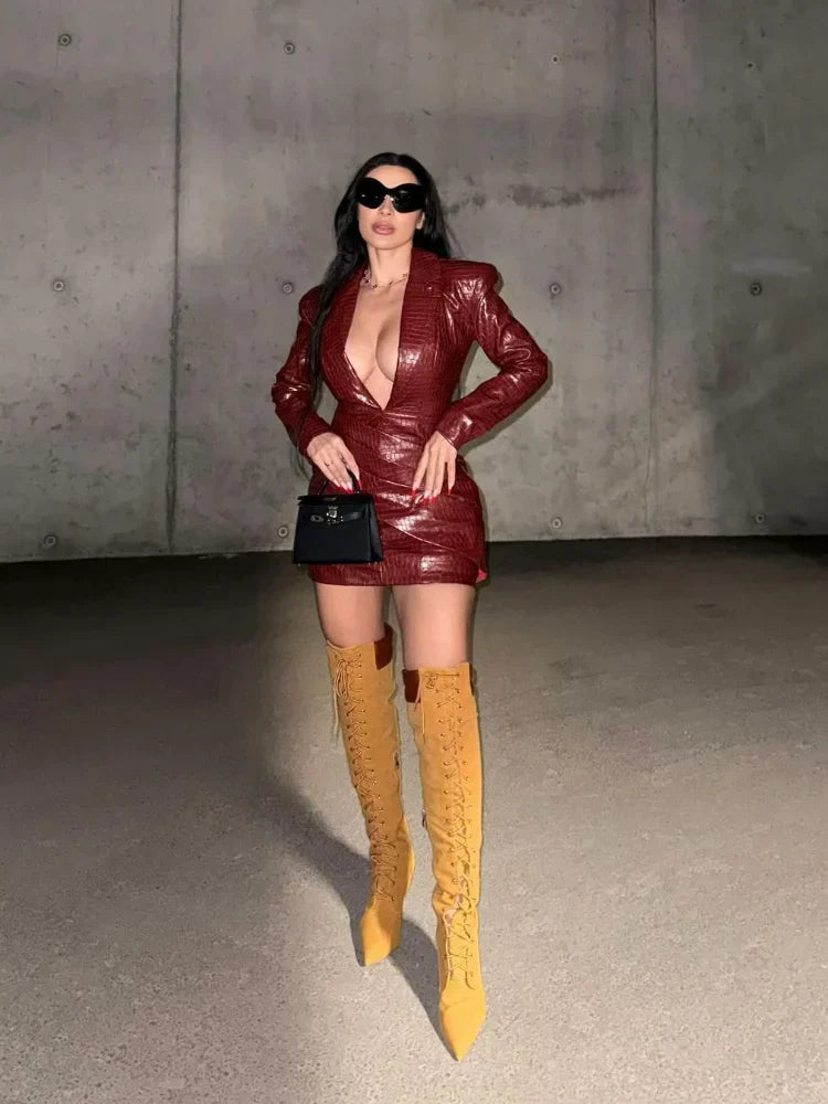 Women Sexy Deep V Red Lattice Leather Mini Dress Fashion Long Sleeve High Waist Fold Slim Dresses Lady Highstreet Short Robe