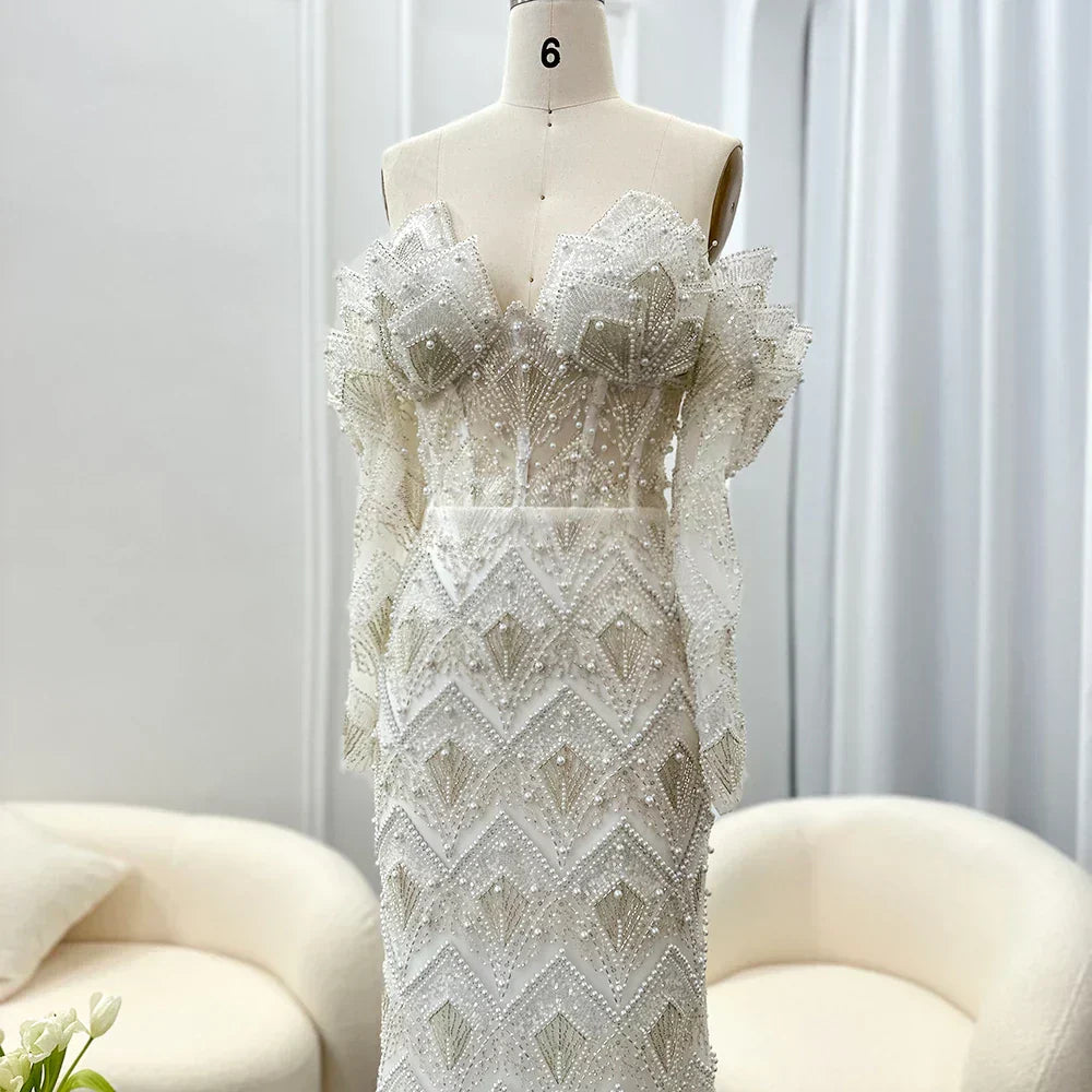 Beaded Off Shoulder Long Sleeve Mermaid Maxi Gown