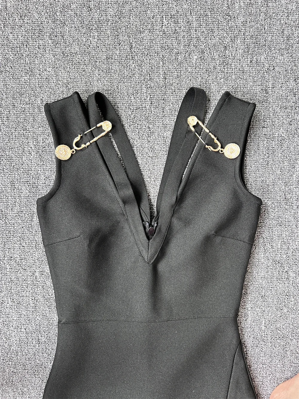 Medallion Safety Pin Sleeveless V-Neck Wrap Bandage High Split Midi Dress