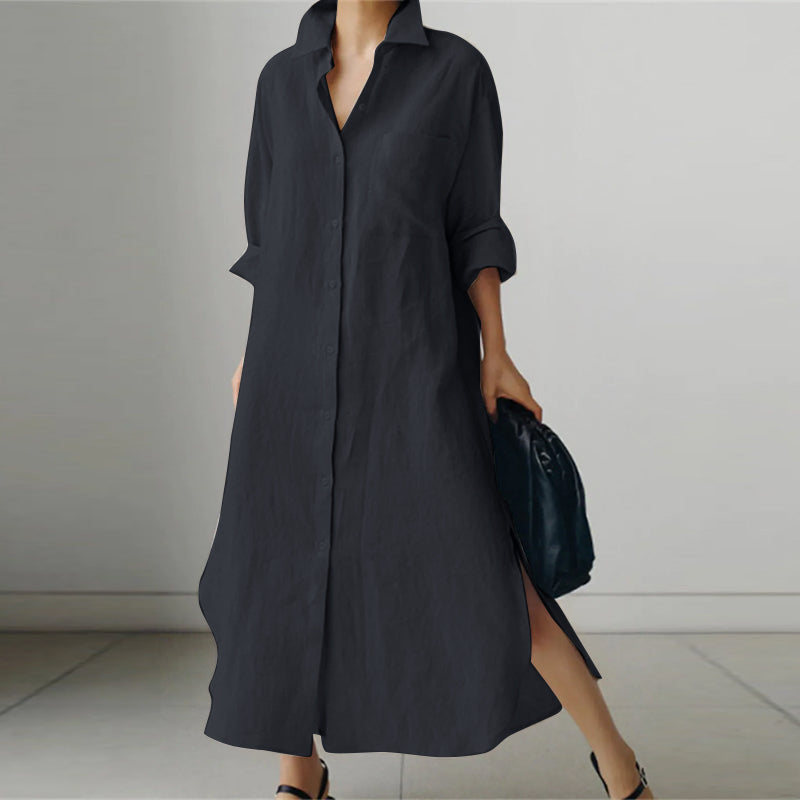 Collared Button Front Patch Pocket High Split Shirt Maxi Dress