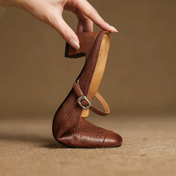 Embossed Square Toe Buckle Strap Block Heel Mary Jane Pumps