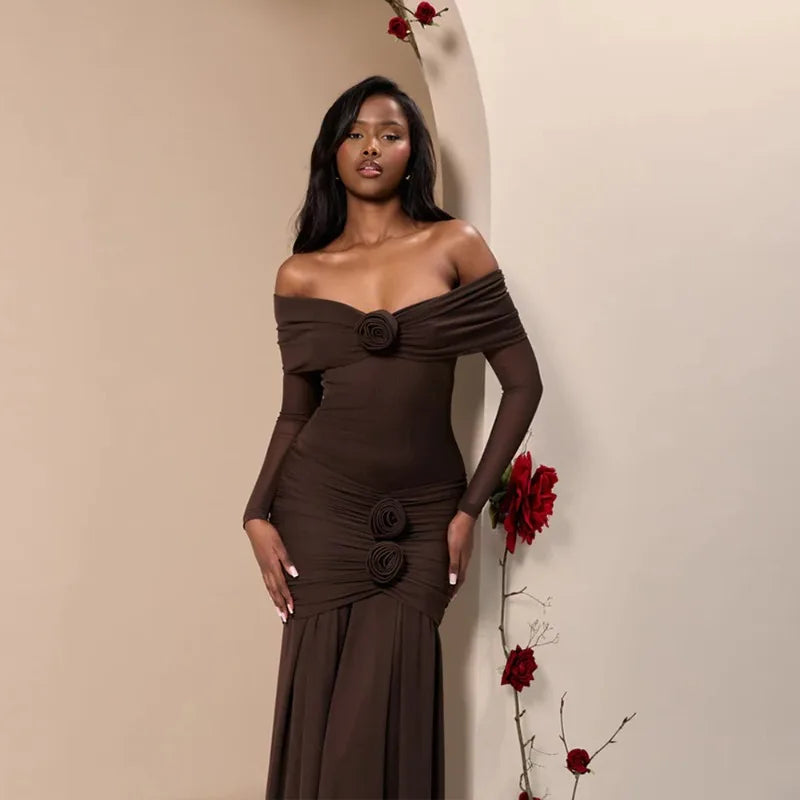 Off Shoulder Long Sleeve Rosette Mermaid Gown