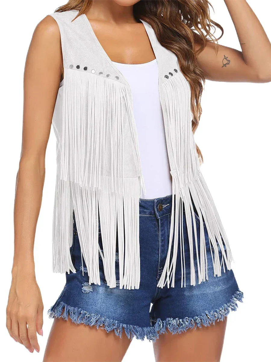 Fringe Suede Look Open Front Vest