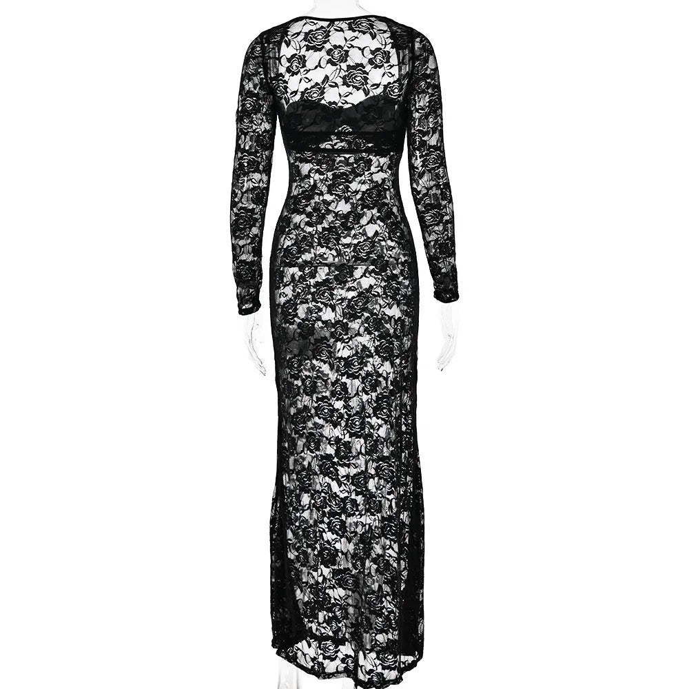 Sheer Floral Lace Long Sleeve Cut Out Twist Bust Bodycon Maxi Dress 25