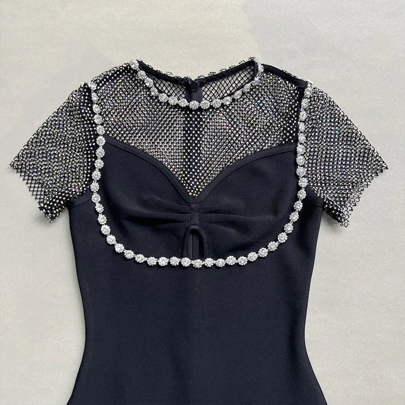 Rhinestone Mesh Crew Neck Short Sleeve Cut Out Bodycon Midi Dress
