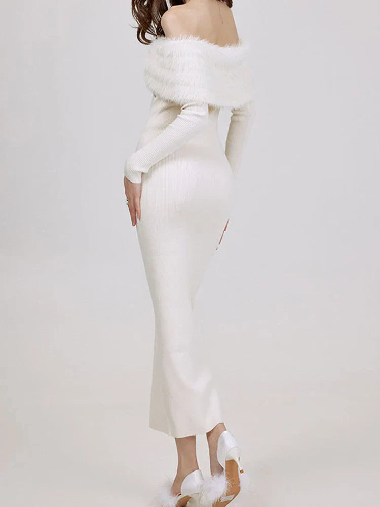 Off Shoulder Faux Fur Collar Ribbed Knit Long Sleeve Bodycon Midi Dress