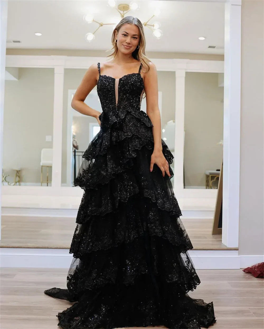 Sequin Spaghetti Strap Corset Tiered Ruffle Maxi Gown