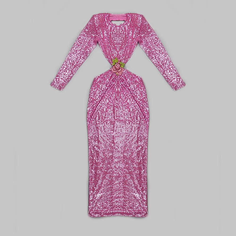 Sequin Long Sleeve Cut Out Bodycon Maxi Dress