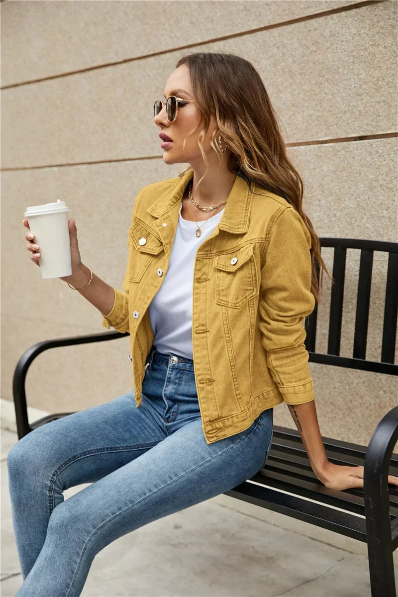 Button Front Long Sleeve Collared Denim Jacket