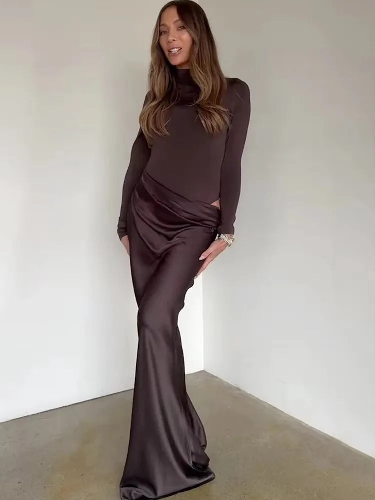 PAULINA SATIN ONE SHOULDER DRESS Coffee Long Sleeve