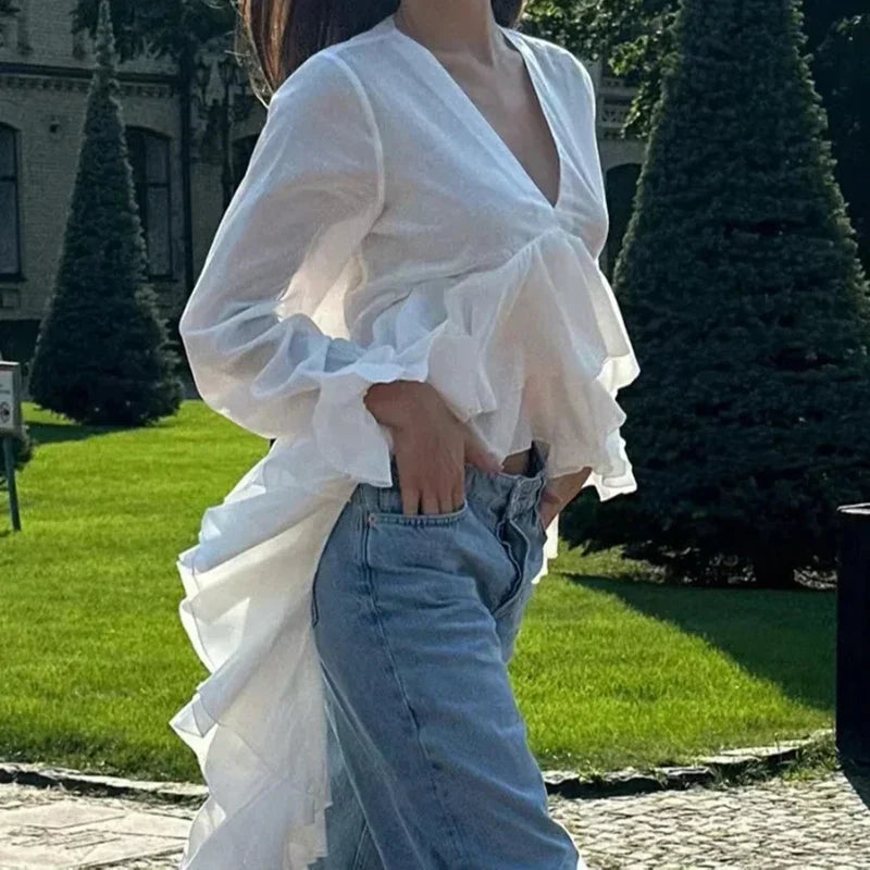 Ruffles Vneck Long Sleeve Casual Blouse