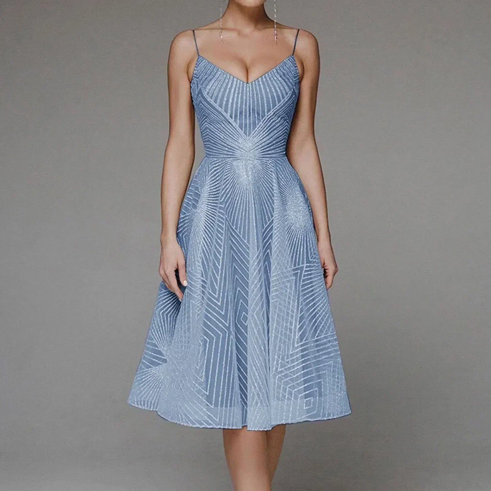 Mesh Overlay Spaghetti Strap Deep V-Neck Geometric Fit and Flare Midi Dress