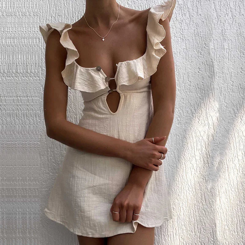 Square Neck Ruffle Button Front Cut Out Mini Summer Dress