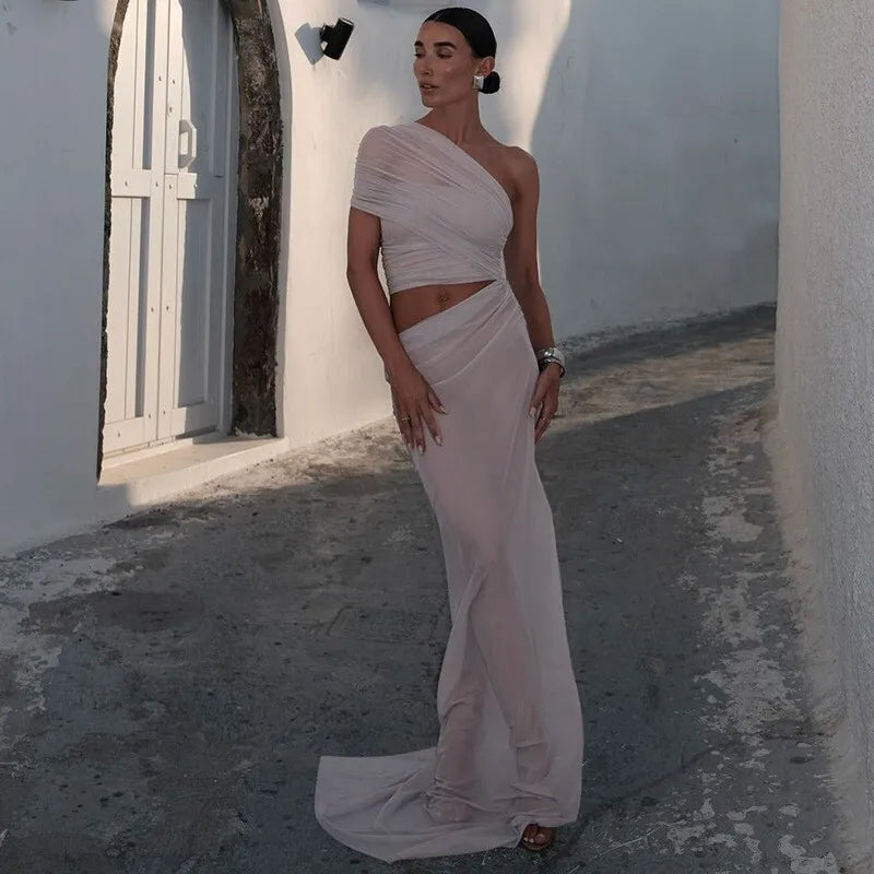 One Shoulder Ruched Mesh Cut Out High Split Maxi Dress 14