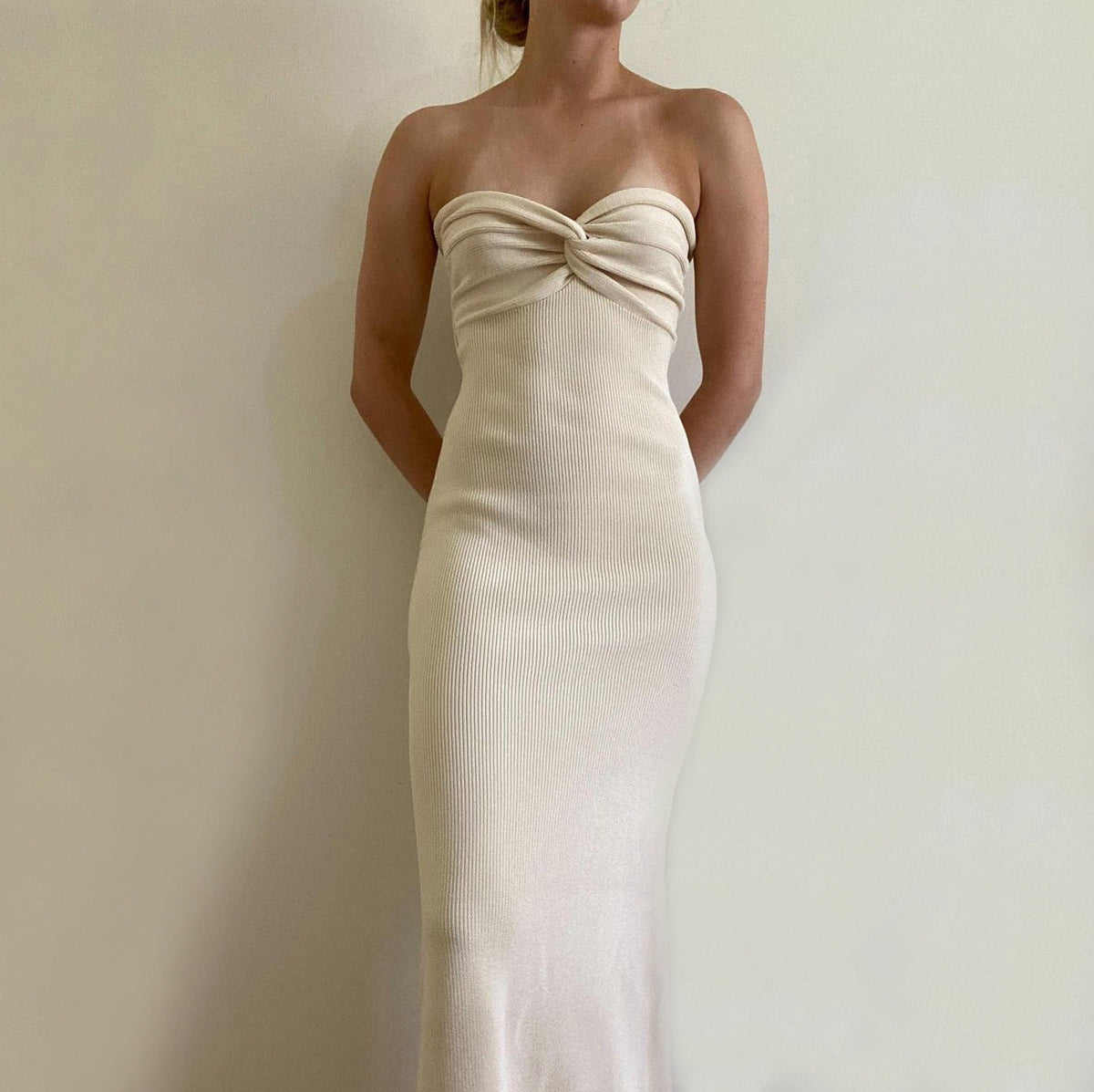 Knit Strapless Twist Front Sweetheart Neck Bodycon Midi Dress 20