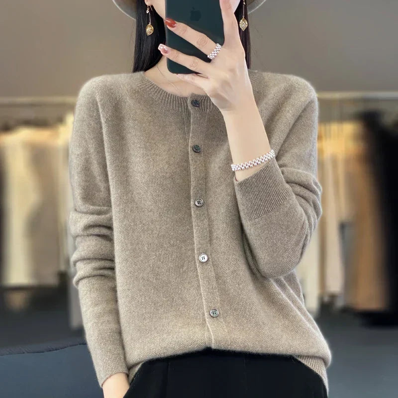 Crew Neck Button Front Long Sleeve Knit Cardigan