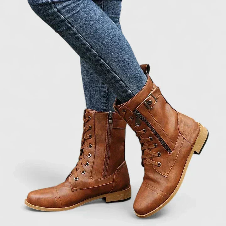Lace Up Side Zip Mid Calf Combat Boots