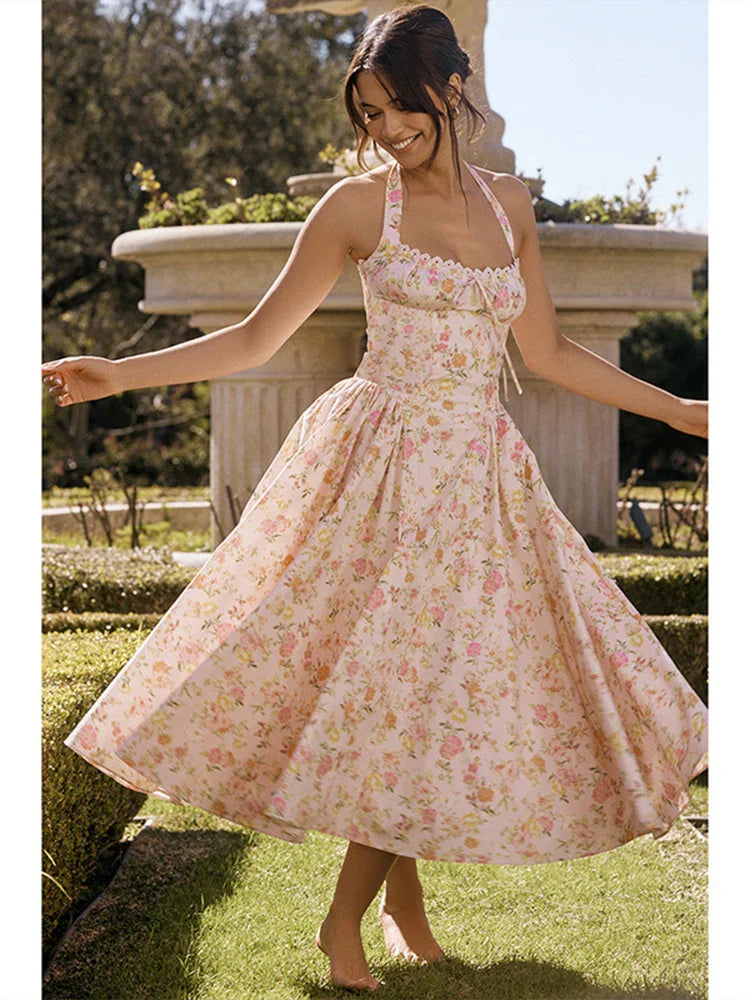 Print Wrap Aline Halter Midi Summer Dress