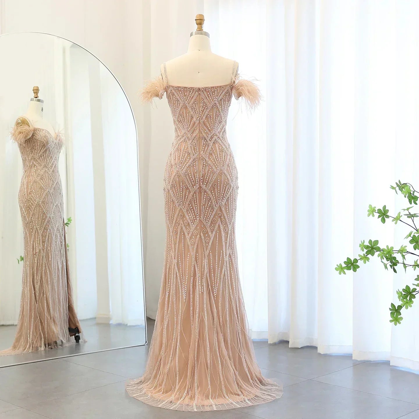 Sequin Off Shoulder Feather Trim Mermaid Maxi Gown