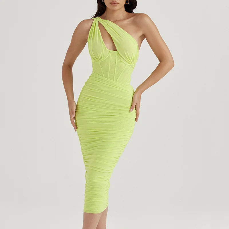 Mesh One Shoulder Backless Ruched Midi Dress - View 7