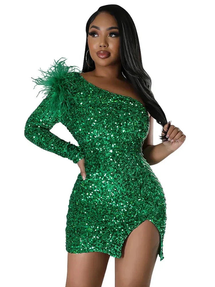Sequin One Shoulder Feather Trim Chain Detail Back Zip Mini Cocktail Dress