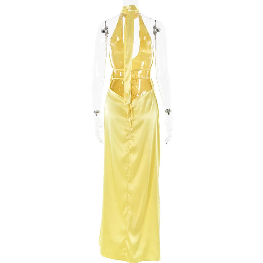 Satin Halter Neck Choker Deep V-Neck Bodycon Maxi Gown