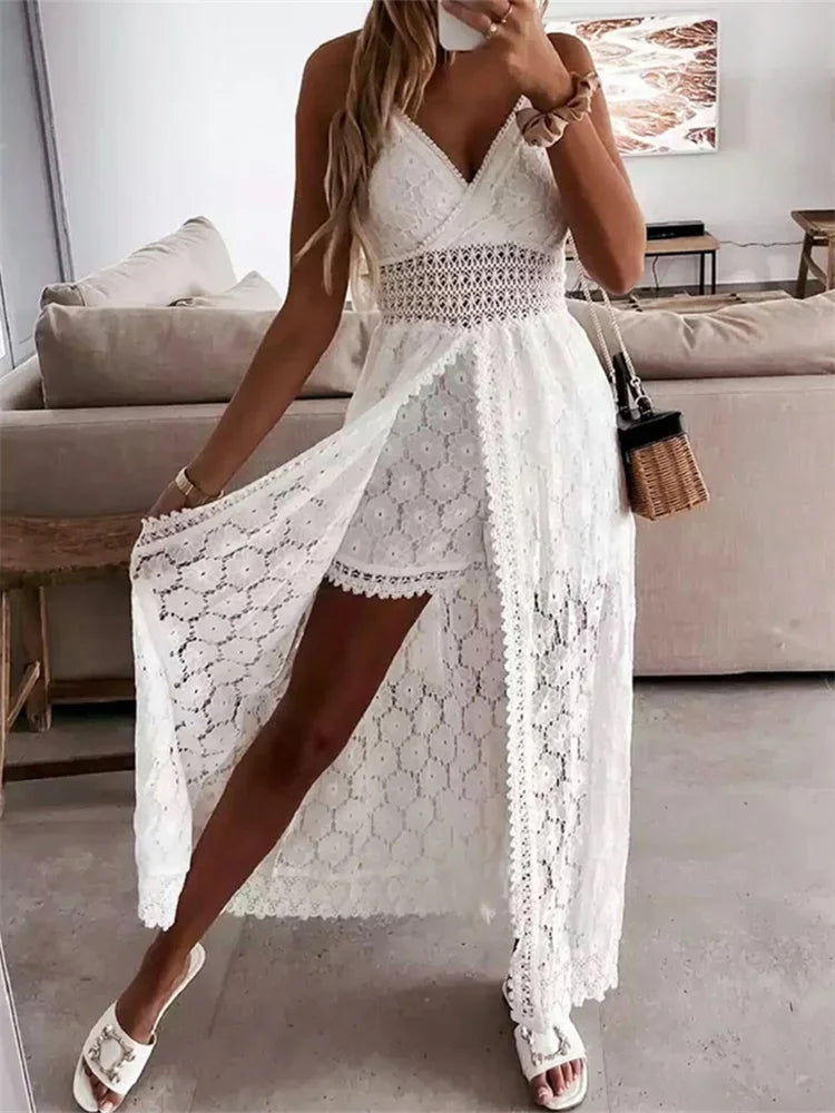 Lace V-Neck Spaghetti Strap Crochet Waist Overlay Maxi Romper Dress