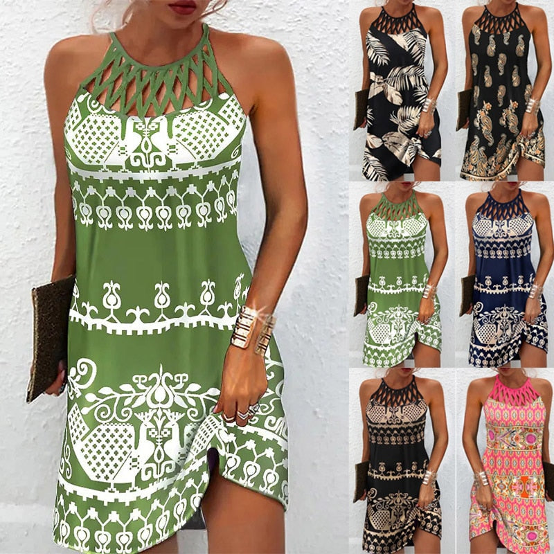 Halter Neck Tie Print A-Line Midi Dress - View 2