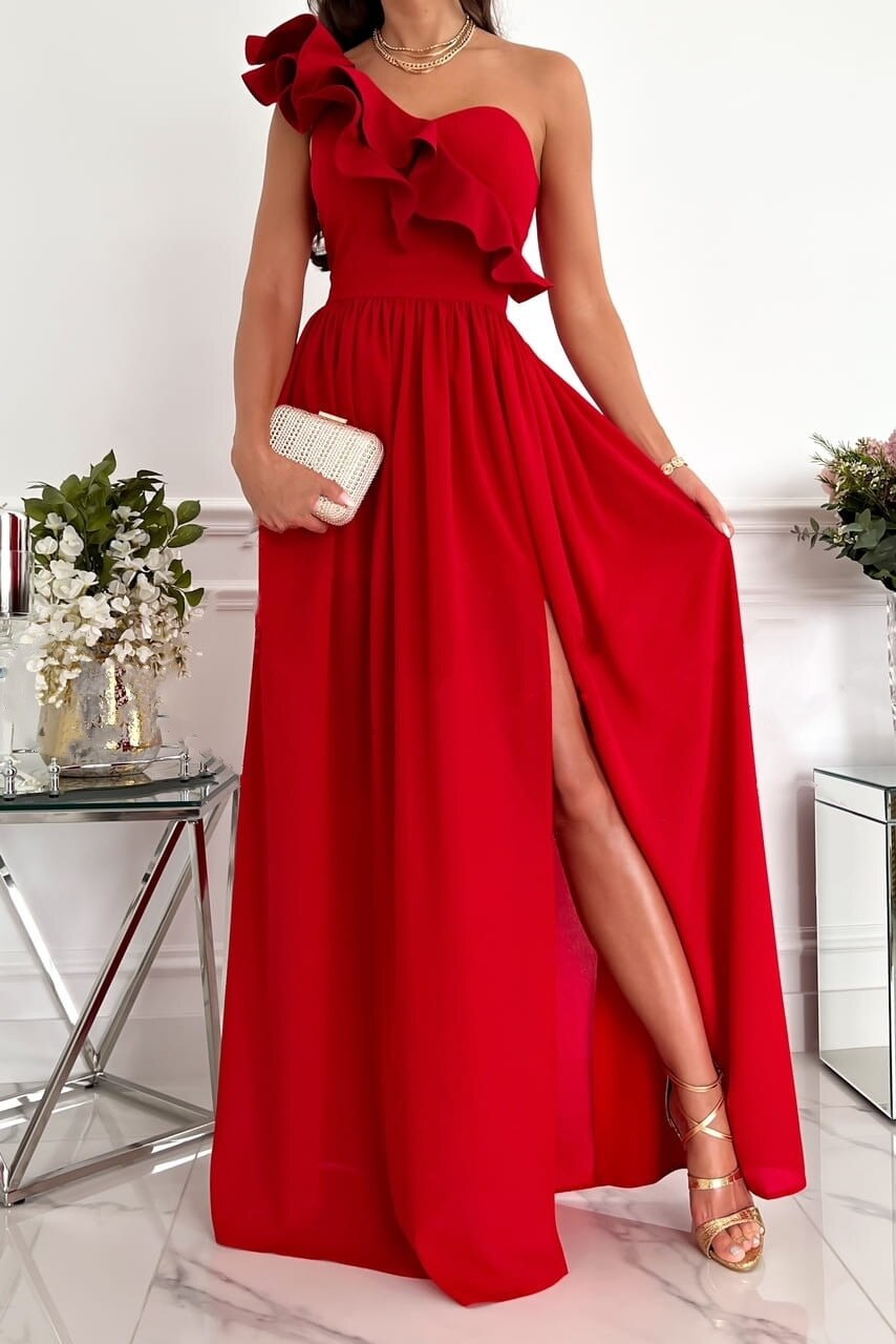 One Shoulder Ruffle High Split Flowy Maxi Gown 2