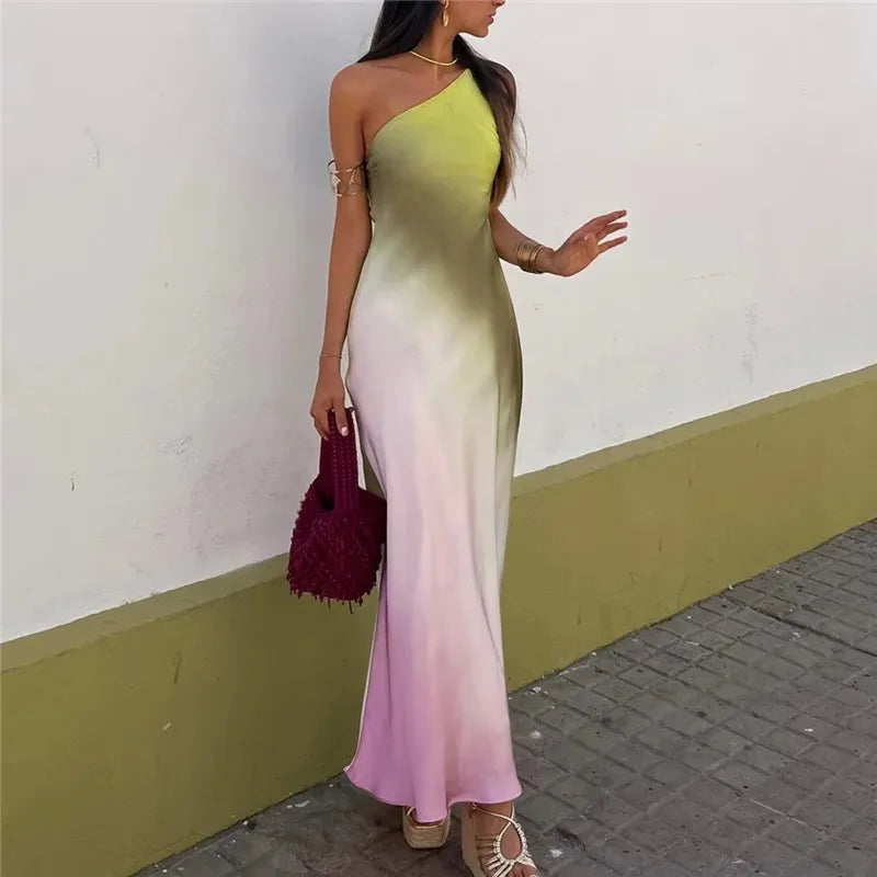 Ombre Satin One Shoulder Sleeveless Bias Cut Maxi Dress