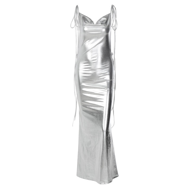 Glossy Soul Metallic Backless Maxi Dress - View 8