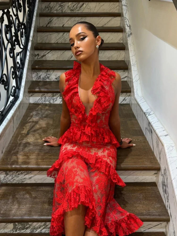 Floral Lace Halter Neck Ruffle Tiered Midi Dress