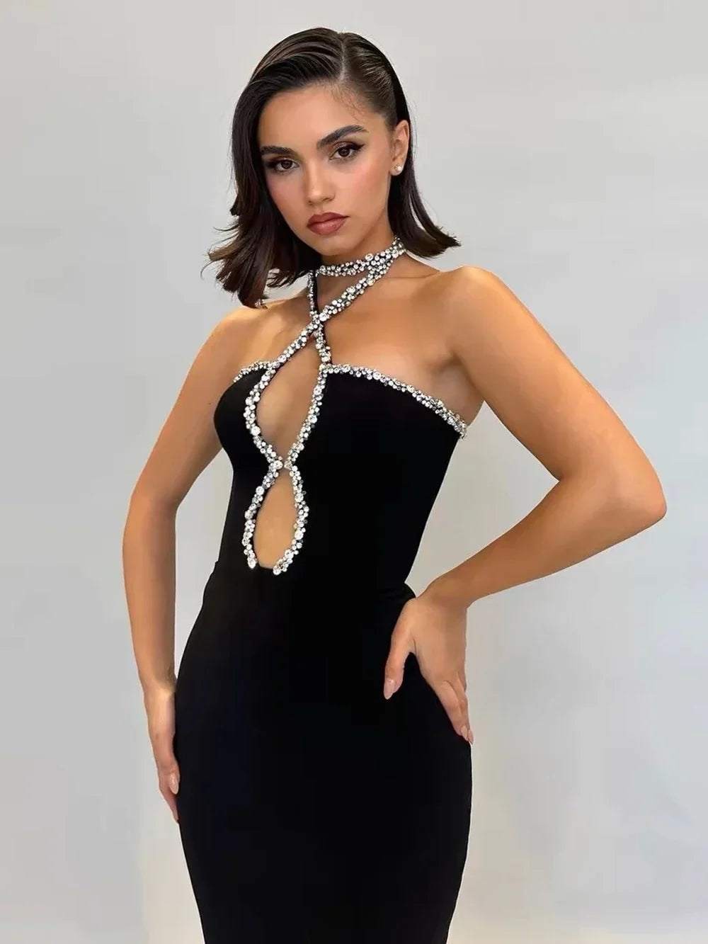 Black Diamond Strapless Maxi Bandage Dress - View 2
