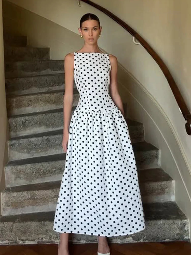 Polka Dot Square Neck Wide Strap A-Line Maxi Dress