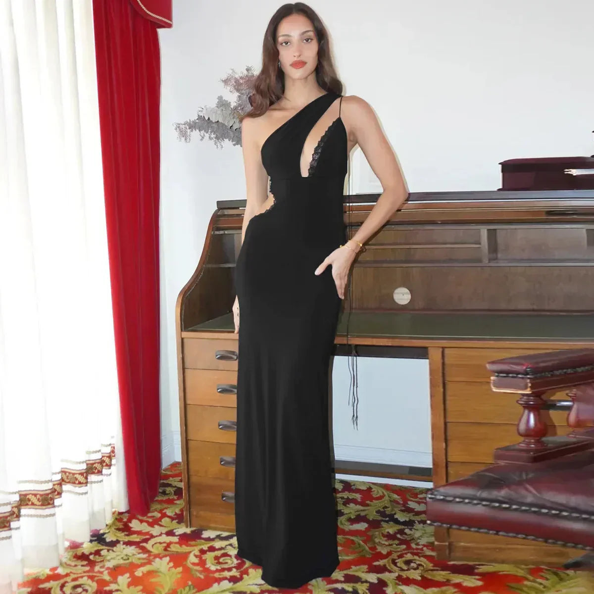 One Shoulder Keyhole Cut Out Lace Trim High Split Maxi Dress 2