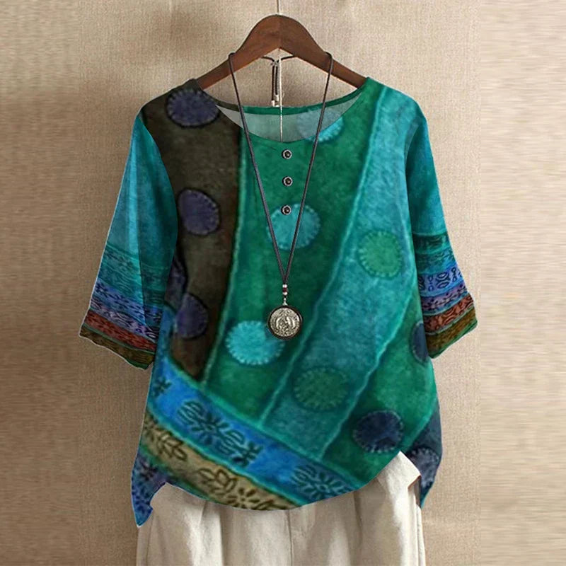 Round Neck Half Sleeve Floral Button Blouse