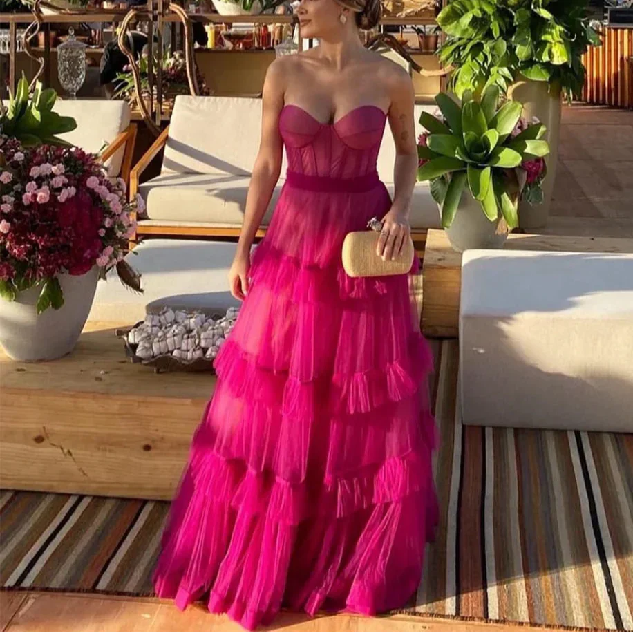 Strapless Sweetheart Corset Tiered Ruffle Tulle Maxi Gown