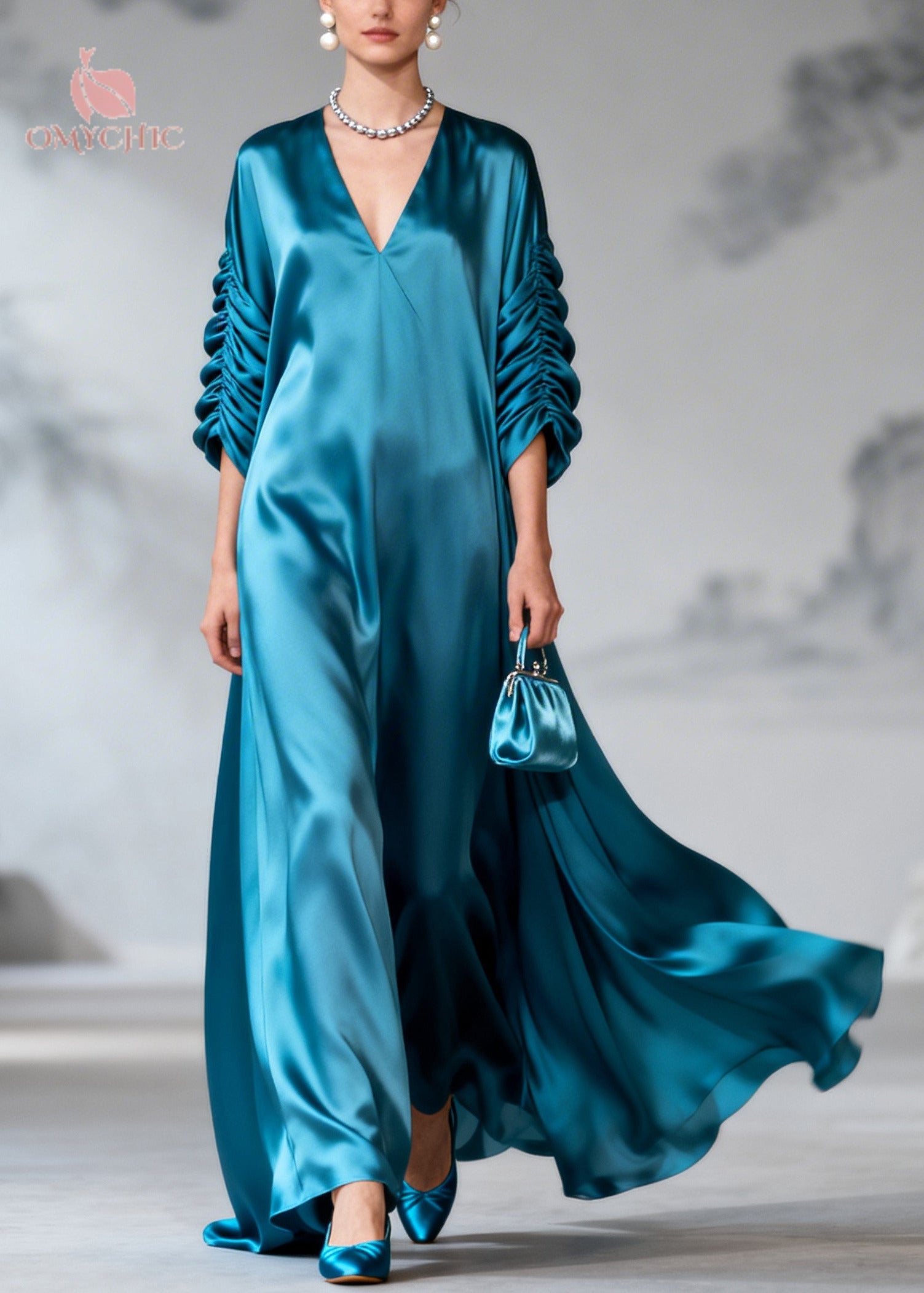 Satin Deep V-Neck Ruched Bishop Sleeve Oversized Flowy Maxi Gown