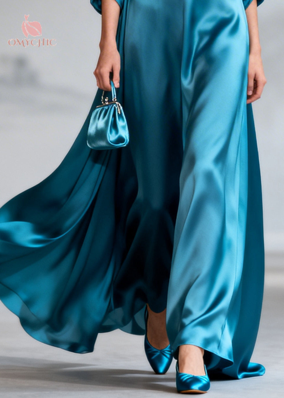 Satin Deep V-Neck Ruched Bishop Sleeve Oversized Flowy Maxi Gown