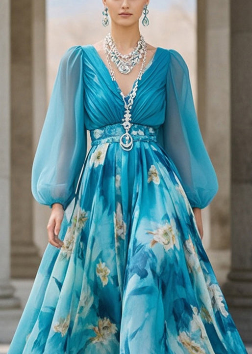 Chiffon Deep V-Neck Bishop Sleeve Ruched Bodice Belted Floral Print Maxi Gown