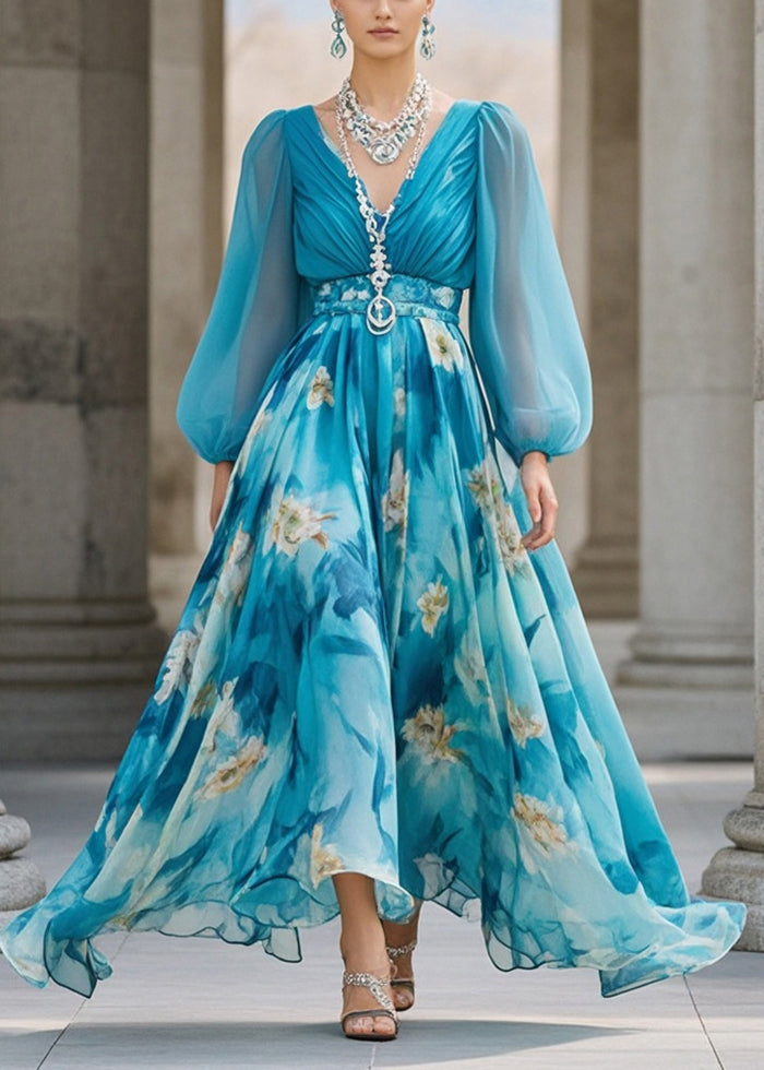 Chiffon Deep V-Neck Bishop Sleeve Ruched Bodice Belted Floral Print Maxi Gown